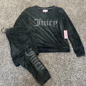 Juice Couture Velour Tracksuit Size Large Black Solid Rhinestone 2 PC Set Y2K